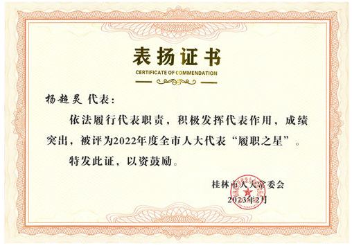 桂林建安集團(tuán)楊超靈董事長(zhǎng)榮獲桂林市人大代表“履職之星”